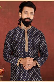 Men Dark Navy Blue Dupion Silk Khari Printed Kurta Churidar Set