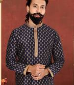 Men Dark Navy Blue Dupion Silk Khari Printed Kurta Churidar Set