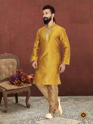 Men Yellow Blackberry Silk Kurta Churidar Set 7