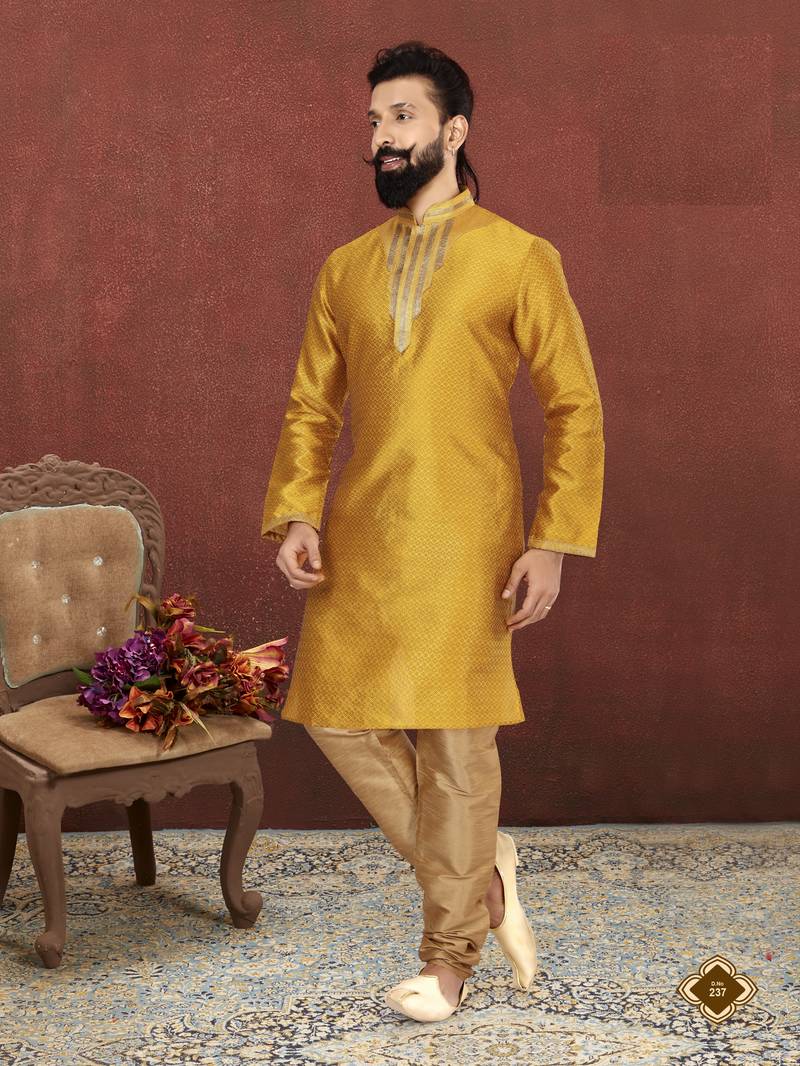 Men Yellow Blackberry Silk Kurta Churidar Set