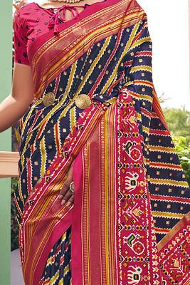 Navy blue printed pure patola saree with blouse 3