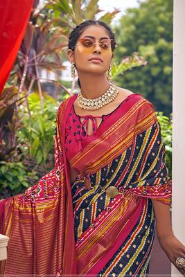 Navy blue printed pure patola saree with blouse 4