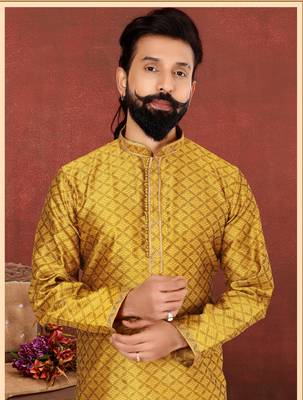 Men Yellow Blackberry Silk Kurta Churidar Set 1