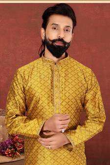 Men Yellow Blackberry Silk Kurta Churidar Set