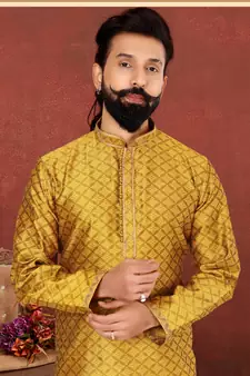 Men Yellow Blackberry Silk Kurta Churidar Set