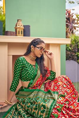 Red printed pure patola saree with blouse 4