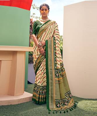 Cream printed pure patola saree with blouse 1