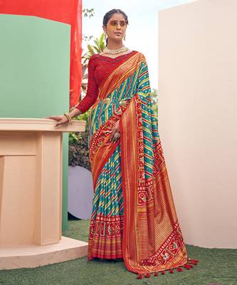 Turquoise printed pure patola saree with blouse 1
