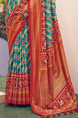 Turquoise printed pure patola saree with blouse 2