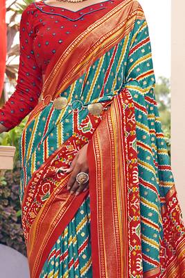 Turquoise printed pure patola saree with blouse 3