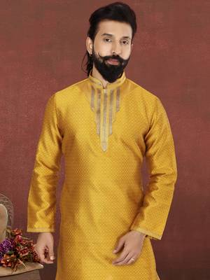 Men Yellow Blackberry Silk Kurta Churidar Set 1