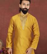 Men Yellow Blackberry Silk Kurta Churidar Set