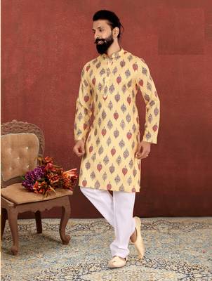 Men Yellow Cotton Digital Printed Kurta Churidar Set 7
