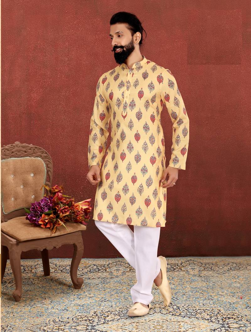 Men Yellow Cotton Digital Printed Kurta Churidar Set