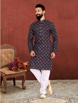 Men Dark Navy Blue Cotton Digital Printed Kurta Churidar Set 7