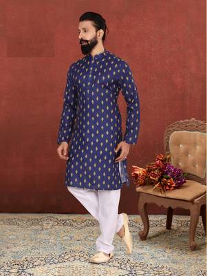 Men Blue Cotton Digital Printed Kurta Churidar Set 7