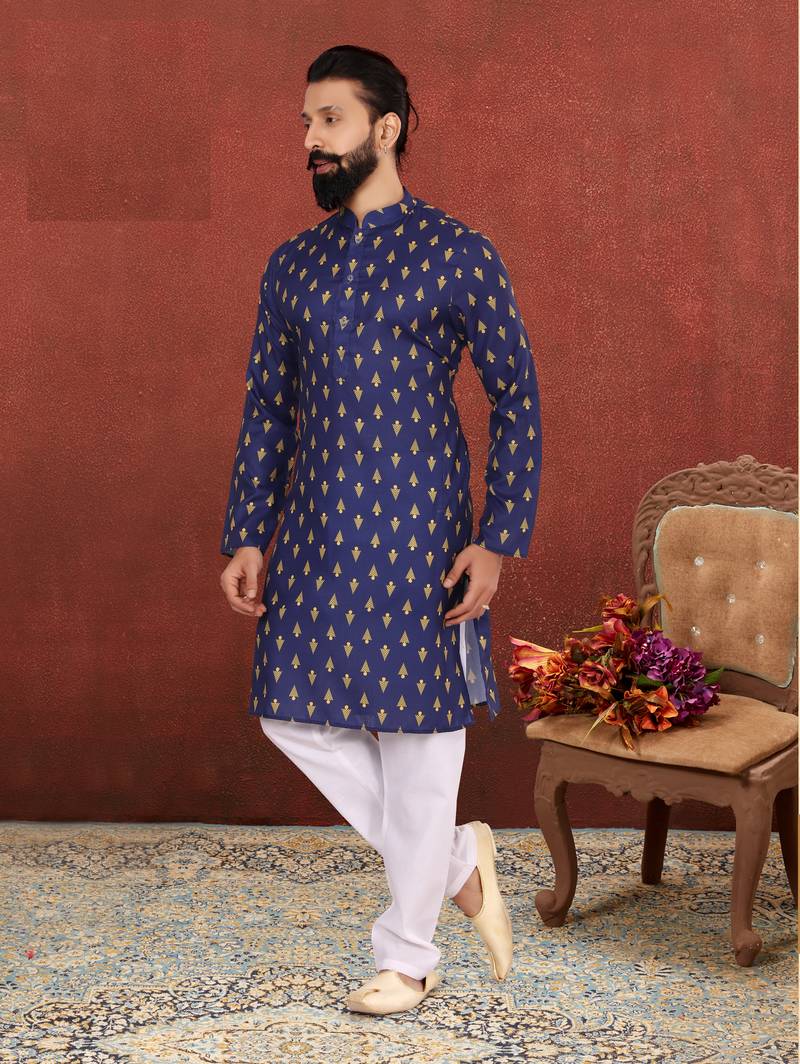Men Blue Cotton Digital Printed Kurta Churidar Set