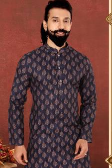 Men Dark Navy Blue Cotton Digital Printed Kurta Churidar Set