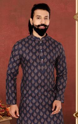 Men Dark Navy Blue Cotton Digital Printed Kurta Churidar Set 1