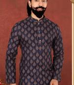 Men Dark Navy Blue Cotton Digital Printed Kurta Churidar Set