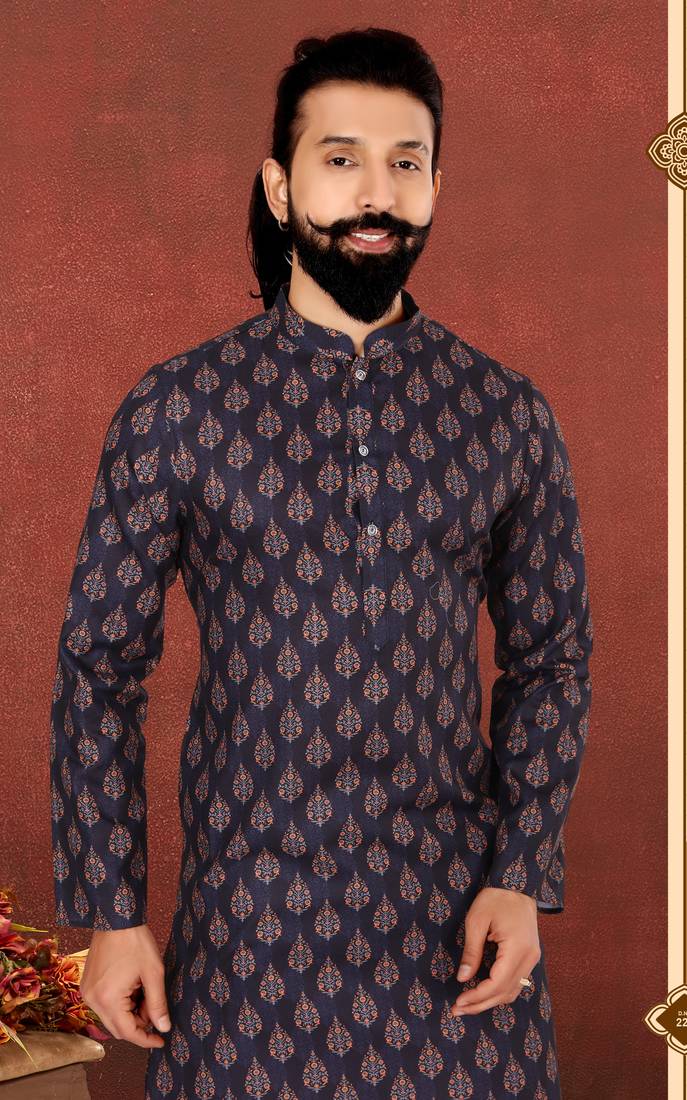 Men Dark Navy Blue Cotton Digital Printed Kurta Churidar Set