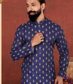 Men Blue Cotton Digital Printed Kurta Churidar Set