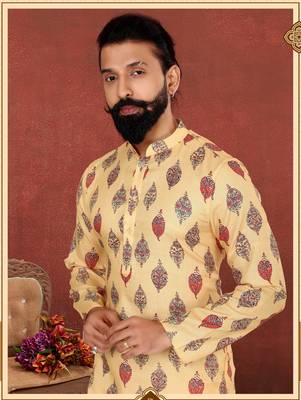 Men Yellow Cotton Digital Printed Kurta Churidar Set 1