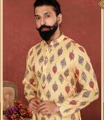 Men Yellow Cotton Digital Printed Kurta Churidar Set