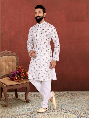 Men Off White Cotton Digital Printed Kurta Churidar Set 7