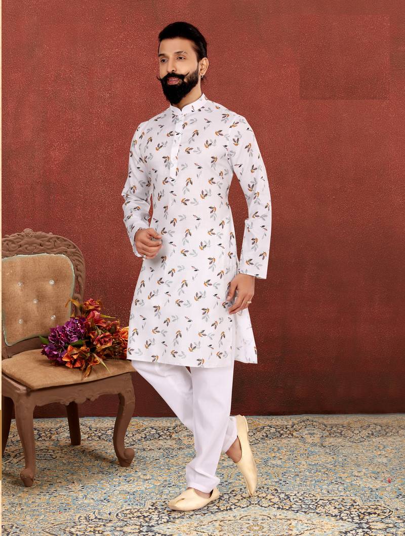 Men Off White Cotton Digital Printed Kurta Churidar Set