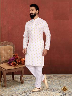 Men White Cotton Digital Printed Kurta Churidar Set 7