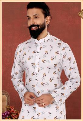 Men Off White Cotton Digital Printed Kurta Churidar Set 1