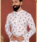 Men Off White Cotton Digital Printed Kurta Churidar Set