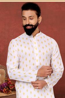 Men White Cotton Digital Printed Kurta Churidar Set