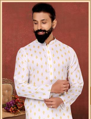 Men White Cotton Digital Printed Kurta Churidar Set 1
