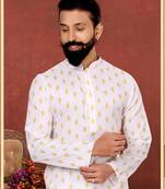 Men White Cotton Digital Printed Kurta Churidar Set