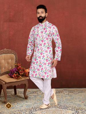 Men Off White Cotton Digital Printed Kurta Churidar Set 7