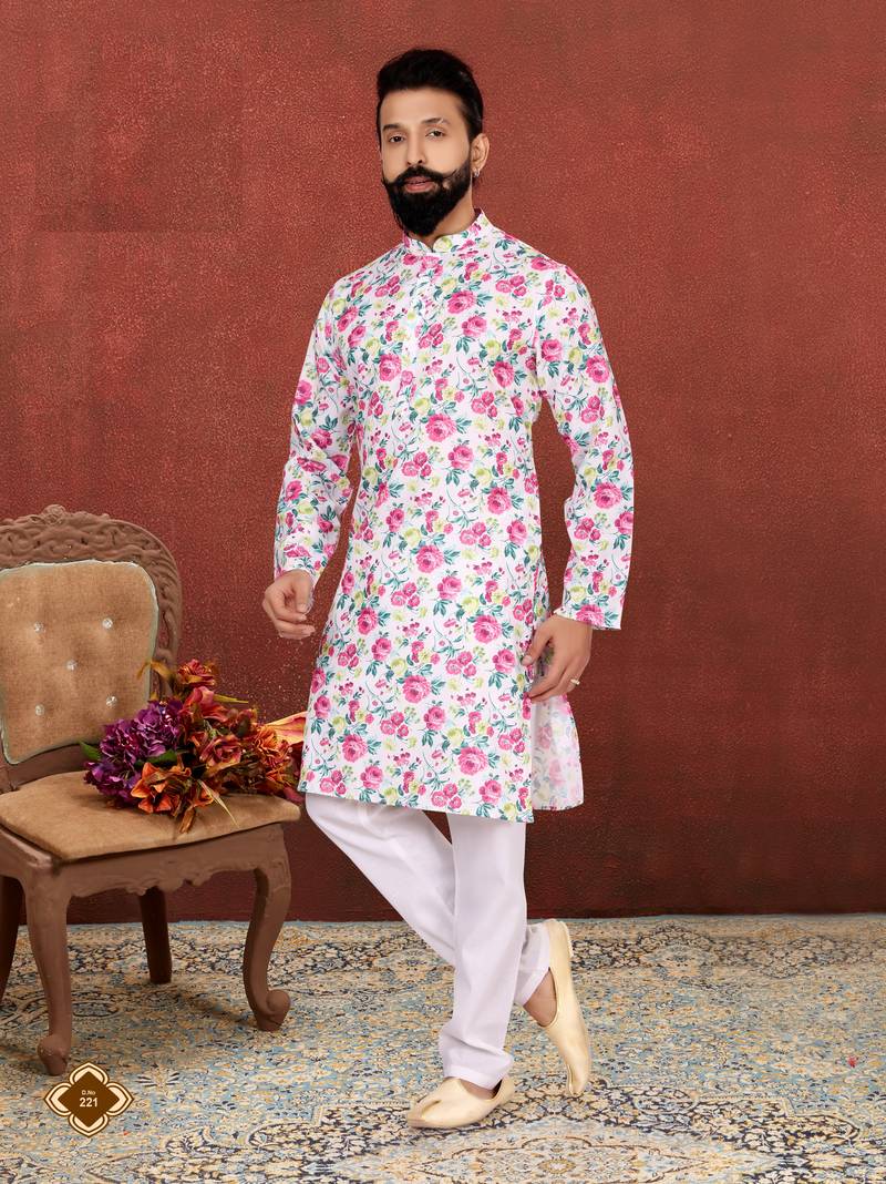 Men Off White Cotton Digital Printed Kurta Churidar Set