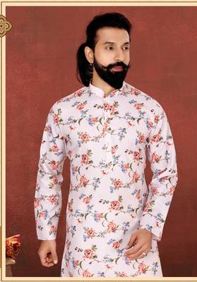 Men Off White Cotton Digital Printed Kurta Churidar Set 1