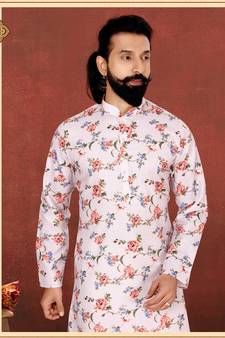 Men Off White Cotton Digital Printed Kurta Churidar Set