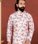 Men Off White Cotton Digital Printed Kurta Churidar Set
