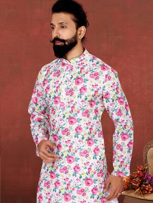 Men Off White Cotton Digital Printed Kurta Churidar Set 1