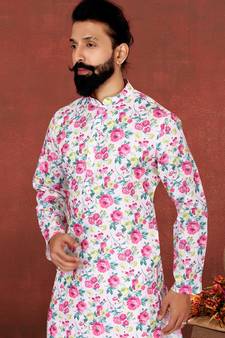 Men Off White Cotton Digital Printed Kurta Churidar Set