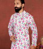 Men Off White Cotton Digital Printed Kurta Churidar Set