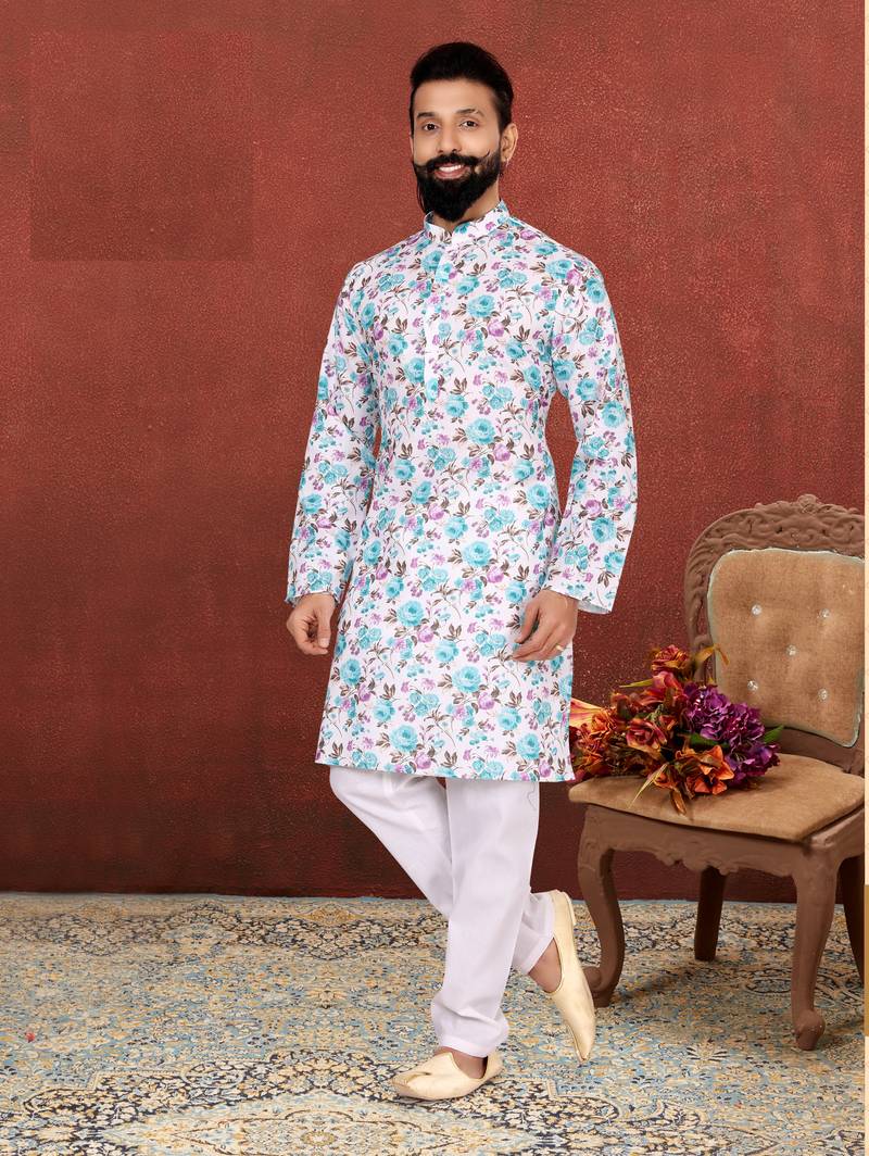 Men Off White Cotton Digital Printed Kurta Churidar Set