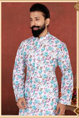 Men Off White Cotton Digital Printed Kurta Churidar Set 1