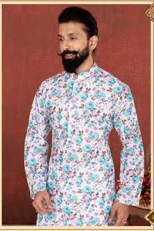 Men Off White Cotton Digital Printed Kurta Churidar Set