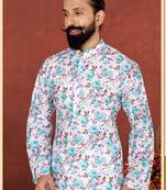 Men Off White Cotton Digital Printed Kurta Churidar Set