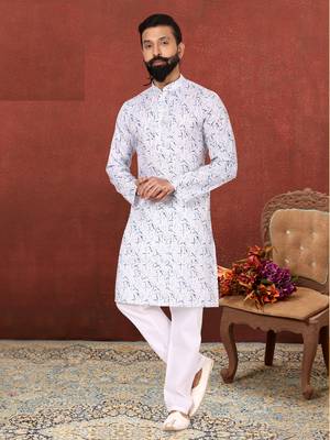 Men Off White Cotton Digital Printed Kurta Churidar Set 7