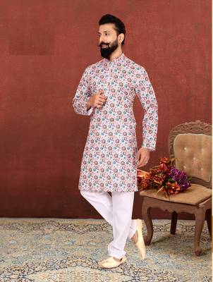 Men Light Pink Cotton Digital Printed Kurta Churidar Set 7